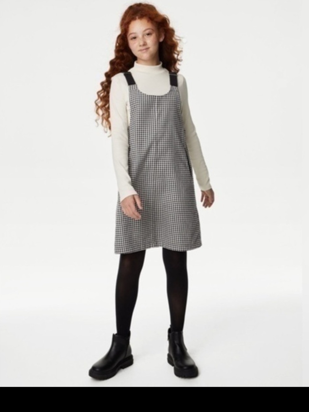 M&S Black White Gingham Pinafore Dress Size 10-11 Years Adjustable Straps